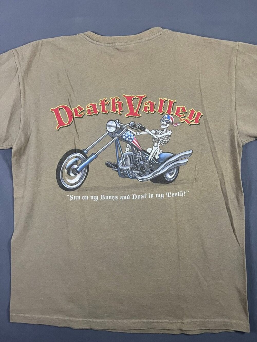 Y2K Death Valley Motorcycle Tshirt Gildan Tag Men’s Medium Beige Sand Biker USA